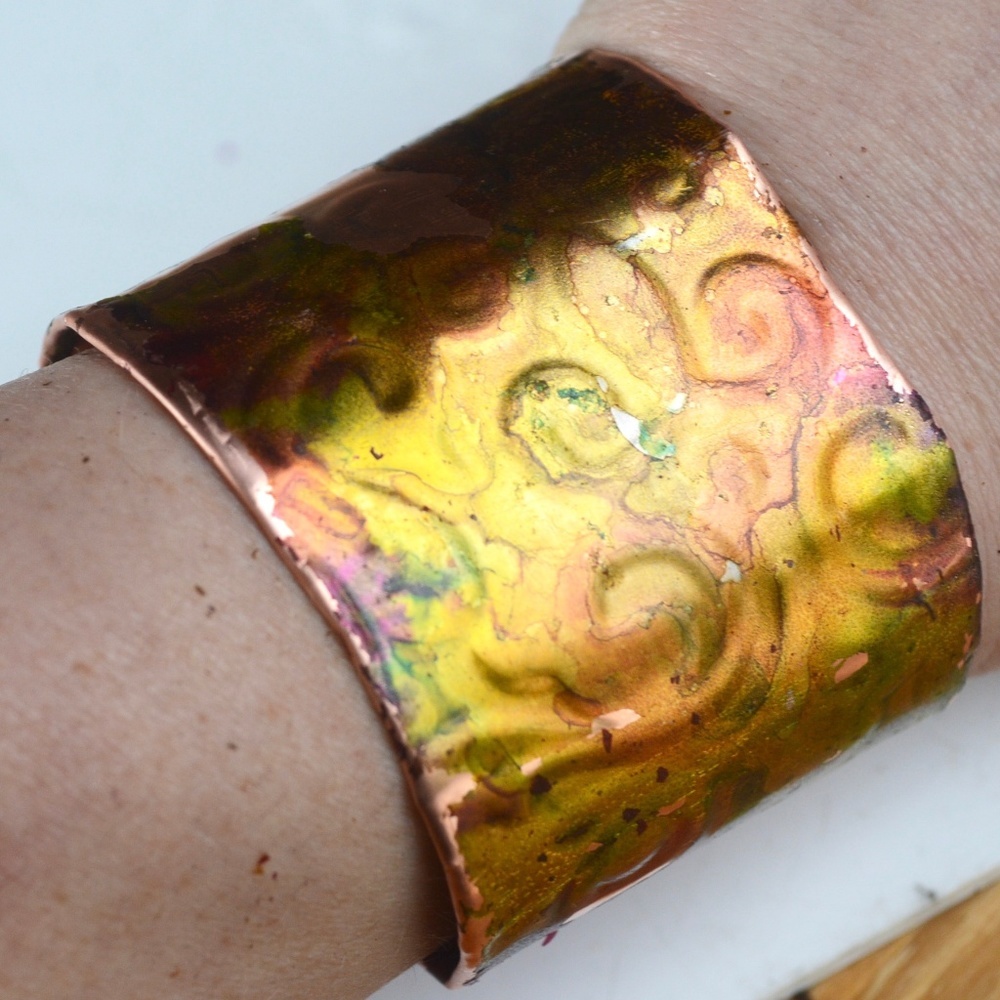 Embossed Colorful Psychedelic Copper Cuff Bracelet Hippie Boho Festival Yellow